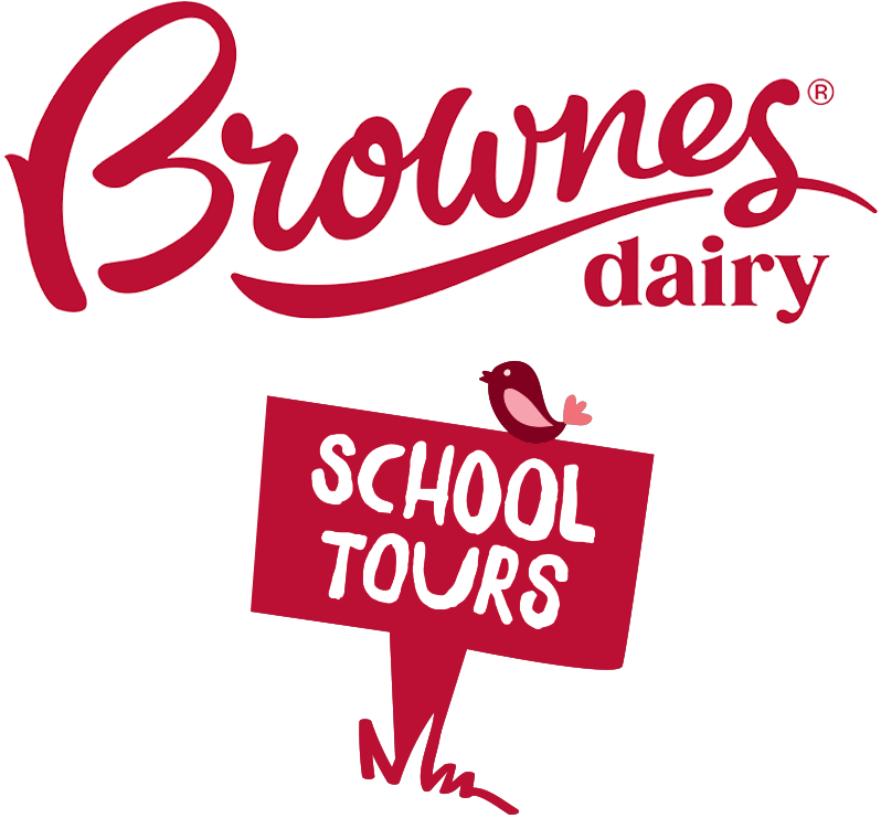 Brownes Dairy logo accompanied by a signpost with the words 'School Tours' on it and a small bird sitting on top.